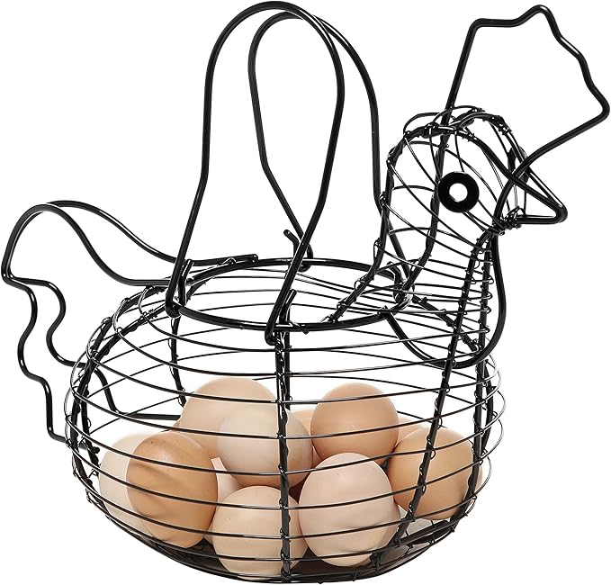 MyGift Black Metal Wire Chicken Egg Basket, Decorative Chicken Shape Design, Farm Fresh Egg Collecting & Storage Organizer for Farmhouse Kitchen Decor