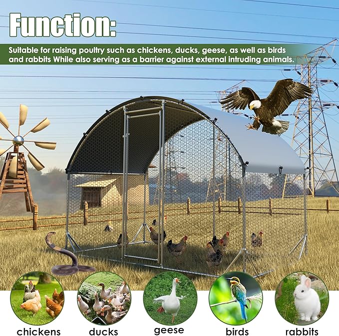 Chicken Coop Metal Large Chicken Coop with Run for Yard Heavy Duty Poultry Cage with Waterproof Anti-UV Cover for Outdoor Farm Use Dome Roof Hen House Pen Duck Rabbit Cage with Security Lock