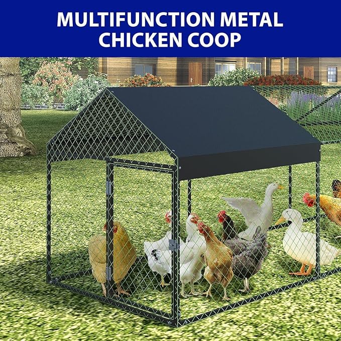 Large Metal Chicken Coop Run with Cover, 120"×40"×40" Portable Poultry Cage Walk in Hen House for Outdoor Chicken Rabbit Duck,Backyard Farm Animal Enclosure Crate Black