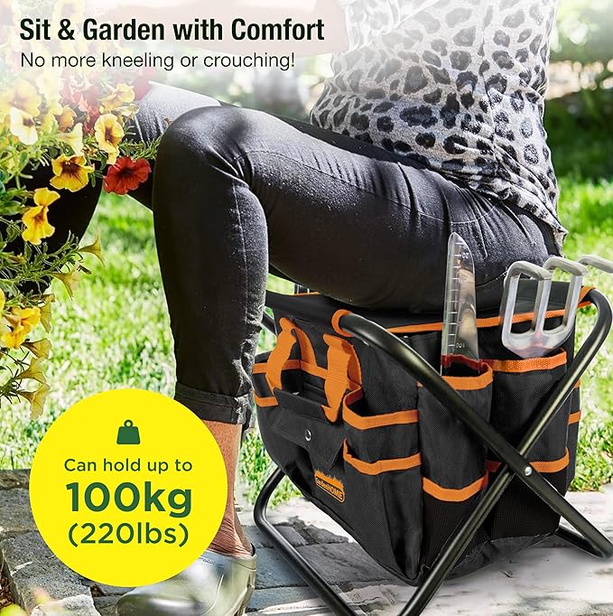 GardenHOME 7-Piece Garden Tool Set – Stainless Steel Tools with Folding Stool & Tote Bag, Black and Orange, Practical Kit for Men and DIY Yard Work