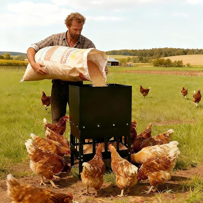 80-100LBS Large Chicken Feeder No Waste 16-Ports Automatic with Magnetic Baffle to Prevent Rodents and Mice Large Poultry Feeder Adjustable Height Suitable for All Poultry, Weatherproof