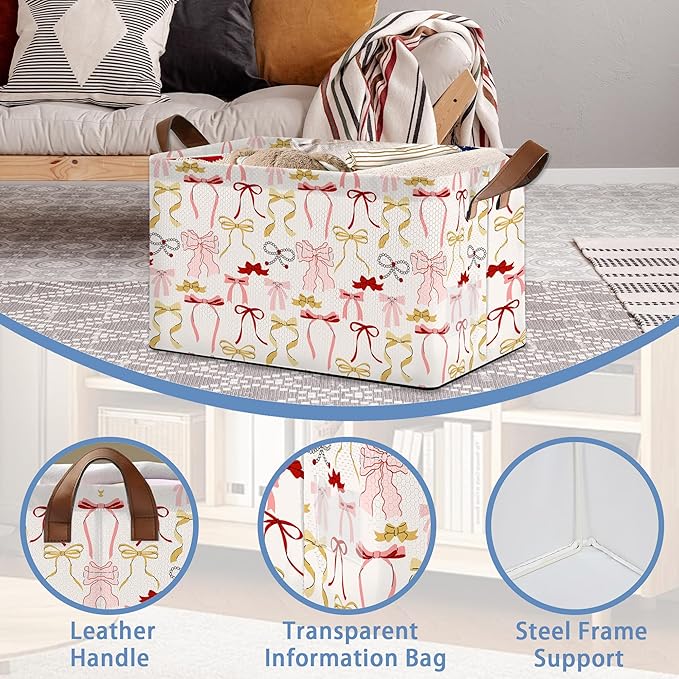 Cute Pink Bow Storage Baskets,Foldable Organizer Bin with Handles for Home Living Room Bedroom Closet Box 17x11.5x10Inch