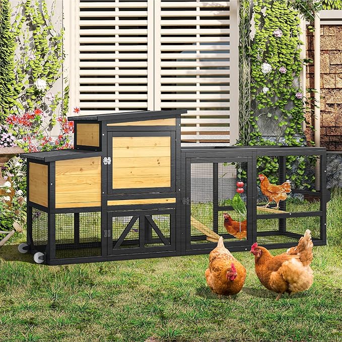 80" Chicken Coop for 2-4 Chickens with Wheels, Outdoor Wooden Hen House w/Nesting Box & Run Cage, Weatherproof for Backyard Poultry Pet Hutch, Removable Tray and Hanging Chicken Feeder