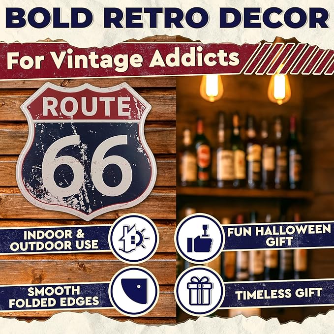 Route 66 Sign - Easy to Hang Tin Signs Vintage Style 12×12 Inch | Route 66 Decor For Bedroom, Man Cave, Garage, Workshop, Bar, Cafe - Retro Road Signs Cars Wall Decor for Gifting and Party Decoration