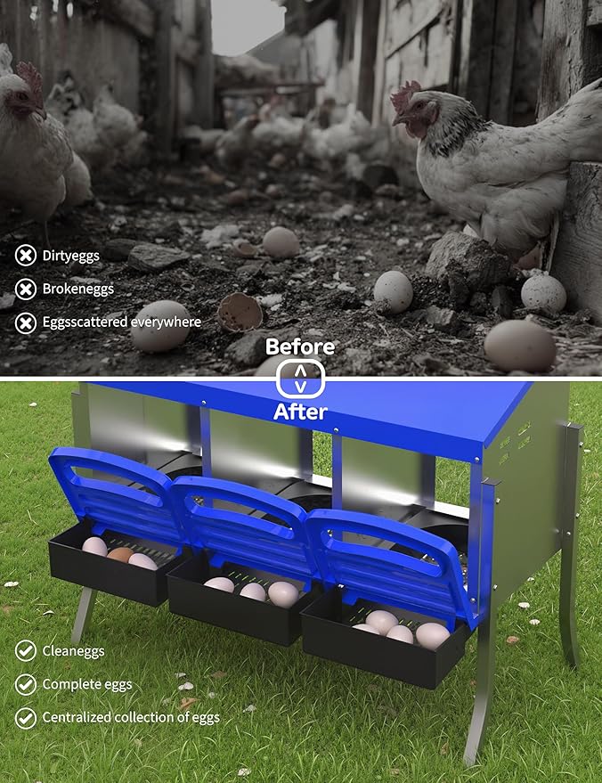 Chicken Nesting Box 3 Hole, Galvanized Steel Nest with Roll Away Egg Collection & Swing Perch, Easy-Clean Laying Box for Hens, Heavy Duty Design for Chicken Coop