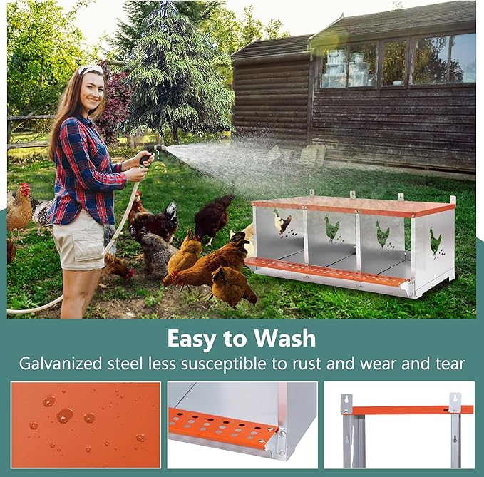 Chicken Nesting Boxes, 3 Hole Metal Chicken Egg Laying Box with Chicken Nesting Pads and Roll Away Egg Collection Easy Egg Collection for Chicken Coop, Backyard, Farms Orange Backyard, Farms Orange