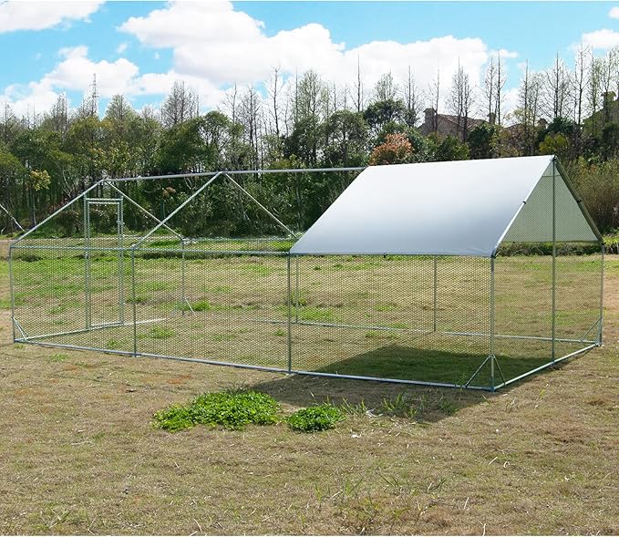 Large Metal Chicken Coop Walk-in Poultry Cage Hen Run House Habitat Spire Shaped Cage with Waterproof and Anti-Ultraviolet Cover for Outdoor Backyard Farm Use (19.68’ L×9.84’ W)
