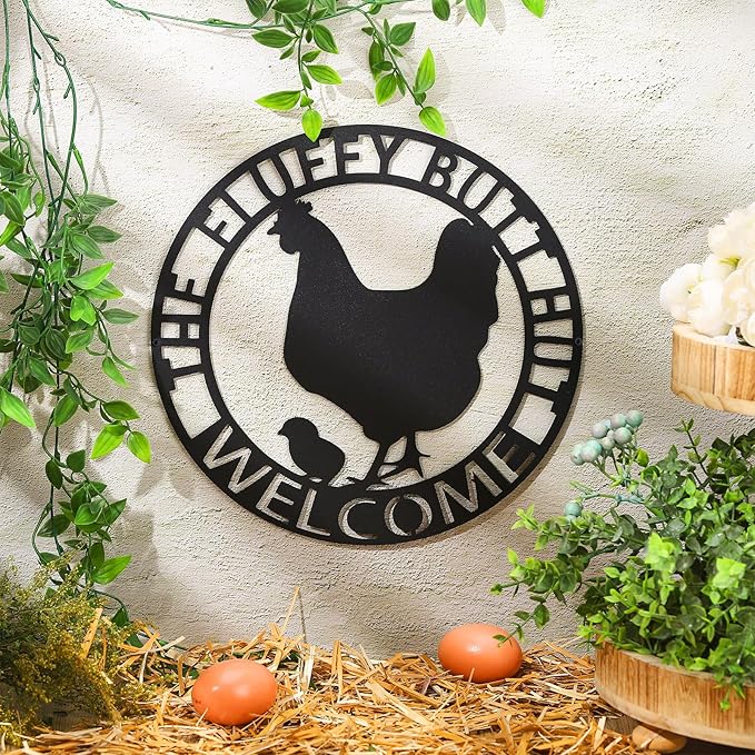 Tandefio 12" Fluffy Chicken Coop Metal Signs Funny Decor Gift for Kitchen Farmhouse Wall Art for Must Haves Chicken Coop Accessories(Fluffy Butt)