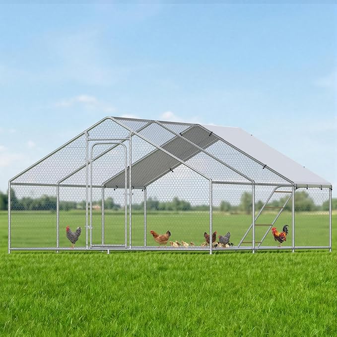 Large Metal Chicken Coop Run with Roosting Perch, Outdoor Waterproof & UV-Resistant Cover for Chickens, Ducks, Rabbits, Hens in Yard or Farm Use Spire Roof (13.1'Wx19.7'Lx 6.5'H)