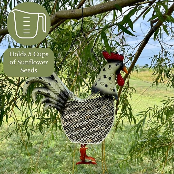 Gift Essentials Metal Mesh Bird Feeder, Rustic Rooster with Hanging Chain, Holds Approximately 5 Cups Bird Seed