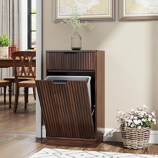 19 Inch Single 10 Gallon Wood Grain Tilt-Down Trash Can Cabinet with Storage Drawer,Wood Grooved Recycling Cabinet with Wave Texture Hidden Pull-Out Trash Can for Kitchen,Bathroom (Walnut-01)