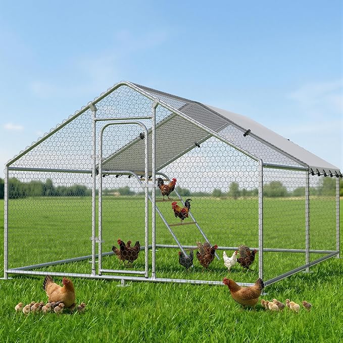 Large Metal Chicken Coop with Waterproof and UV-Resistant Cover,Chicken Run Outdoor Walk-in Cage Rabbit Duck Hen House for Yard Farm Use Spire Roof(10’ W x 9.9’ L x 6.4’ H)