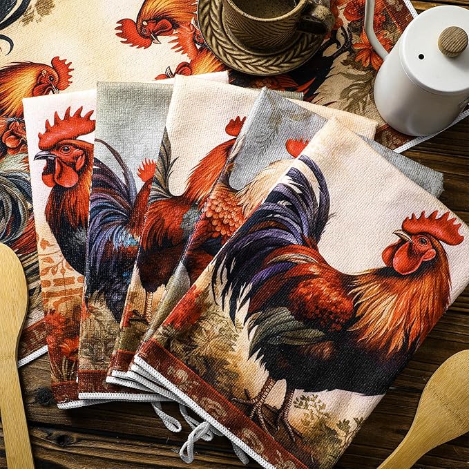 Bencailor 6 Pcs Farmhouse Kitchen Towels Chicken Rooster Kitchen Decor Farm Animal Hand Towels for Cooking Baking Housewarming Gift,15.75 x 23.62 inch(Rust Red,Retro Rooster)