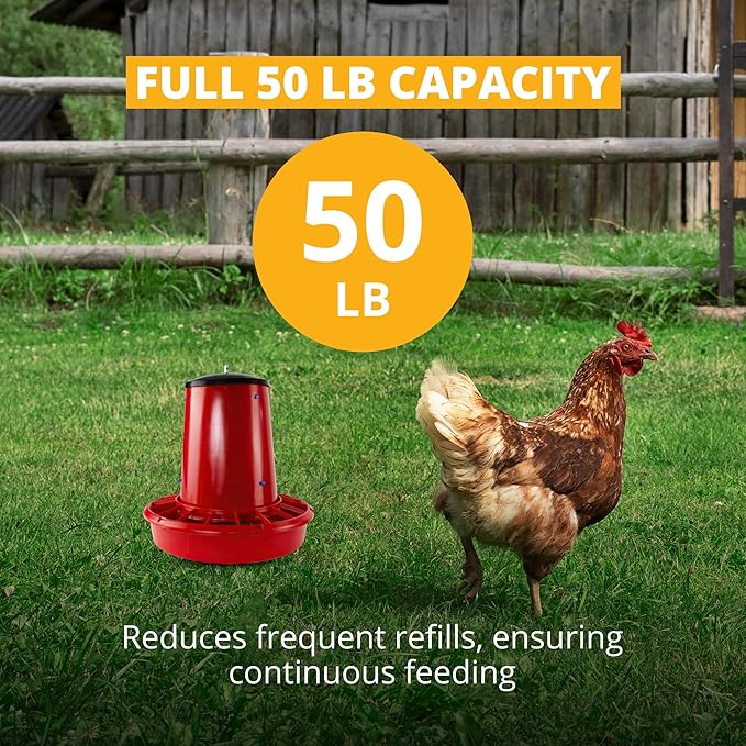 Stromberg's 50 lb Capacity Hanging Feed Saver Feeder, Large Capacity Durable Feeder with Feed Saver Grill, Perfect for Poultry, Durable Polypropylene Plastic, 22" W x 24" H, Trough 4.5" High