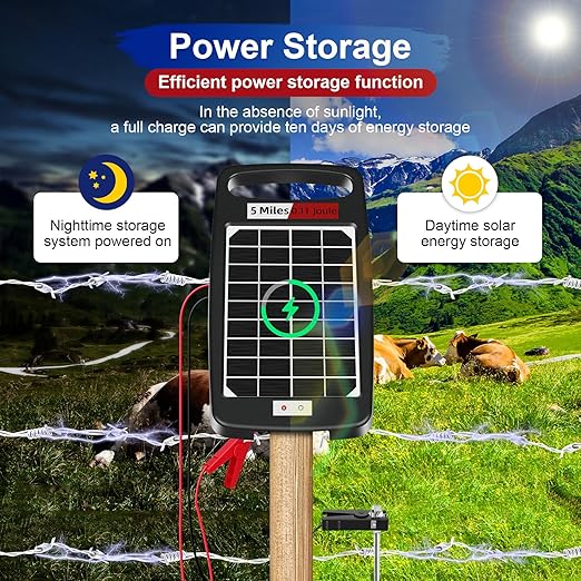 5 Miles Solar Electric Fence Charger,Output 0.11J Electric Fence Charger,24-Hour Uninterrupted Protection S.olar F.ence Chargers,Solar Fence Energizerr That can Work for 14 Days Without Sunlight