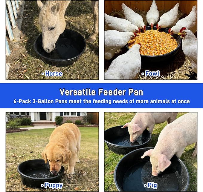 6Pcs Rubber Feeder Pan 3 Gallon/12 Quart Heavy Duty Rubber Horse Feed Bucket, Deep Rubber Feeding Water Bowl Chicken Dust Bath Tub Container for Livestock Goat Pig Dog Duck Fram Small Animals