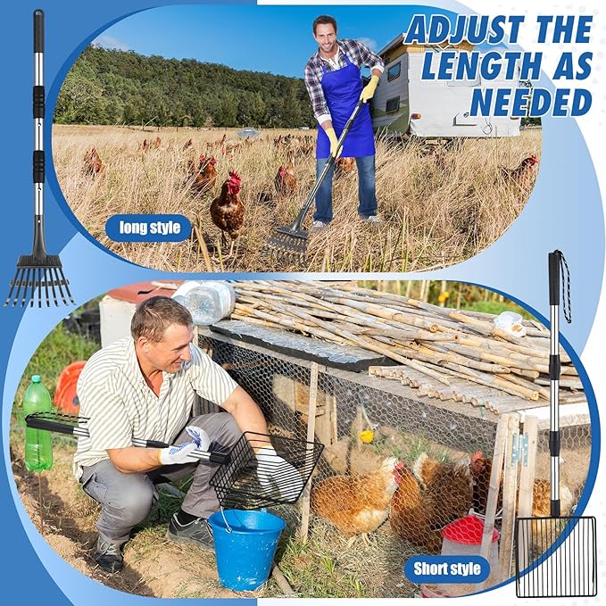 3 Pack Chicken Poop Scooper and Rake Anti Slip Dots Gloves Set Retractable 3 in 1 Litter Sifting Shovel Detachable Chicken Coop Cleaning Tools