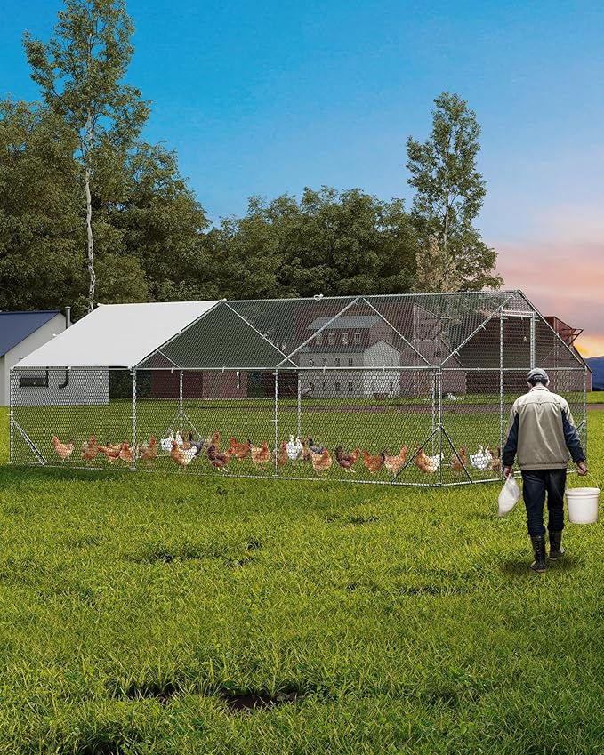 Large Metal Chicken Coop, Walk in Chicken Run with Waterproof & Anti-UV Cover, Spire Roof Large Poultry Cage for Small Animals Yard Farm Patio, 19.68 x 9.84 x 6.56 ft