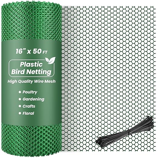 16IN x 50FT Plastic Chicken Wire Mesh, Chicken Wire for Floral Arrangements, Chicken Wire Mesh for Crafts with 100 Pcs Zip Ties, Mesh Fence for Dogs, Deers, Poultry