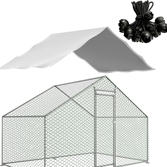Outdoor Metal Chicken Coop Cover with 22 pcs Ball Bungee Cords, for Large Walk-in Chicken Run Pen, Waterproof, Fence Chicken Cages Cover, 11'Lx6.33'W (Only Cover, Frame Not Included) 1 Pack