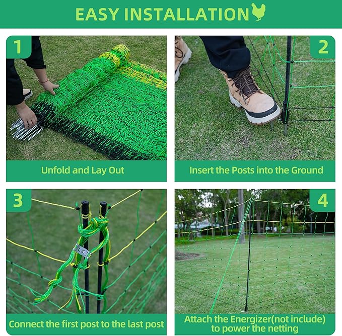 Poultry Netting Electric Fence, 47.5" H x 164' L, Portable Livestock Nets Mesh for Chickens, Ducks, Geese, Turkey, Electric Fencing for Backyards, Homesteaders, Farms, Ranches, Gardens