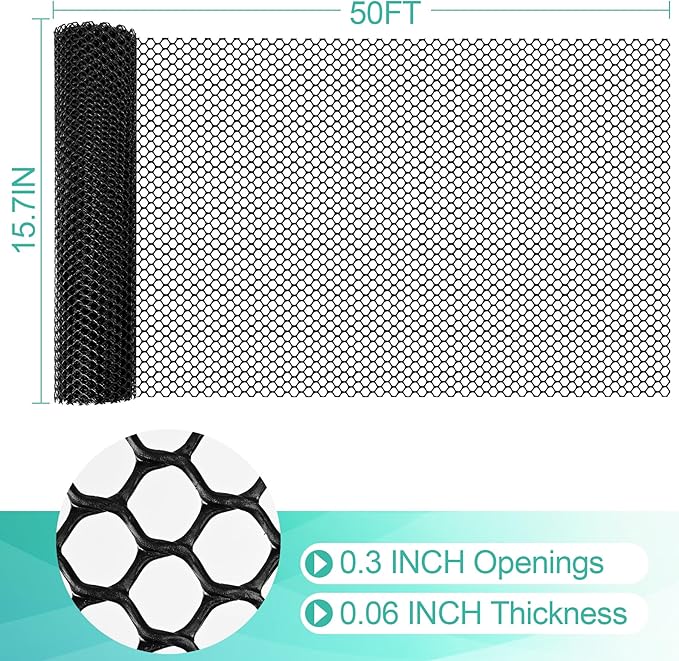 Plastic Mesh Fence Sheet 15.7IN x 50FT - 0.3IN Opening Plastic Chicken Wire Netting Roll Durable for Dogs, Poultry, Puppy, Garden Snake Barrier with 50 Pcs Zip Ties - Black