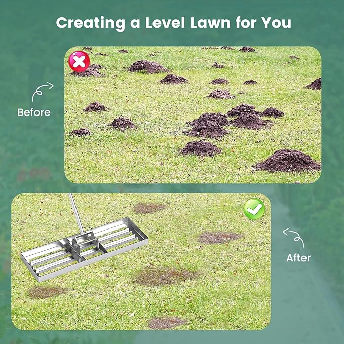 Goplus Lawn Leveling Rake, 30" x 10" Heavy Duty Level Lawn Tool w/ Ergonomic Handle for Soil, Effort-Saving Landscape Rake for Garden, Backyard, Golf Course, Farm, Pasture, Silver