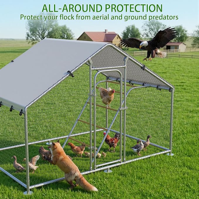Large Metal Chicken Coop with Roosting Perch, Waterproof and UV-Resistant Cover,Chicken Run Outdoor Walk-in Cage Rabbit Duck Hen House for Yard Farm Use Spire Roof (10’ W x 4.9’ L x 6.4’ H)