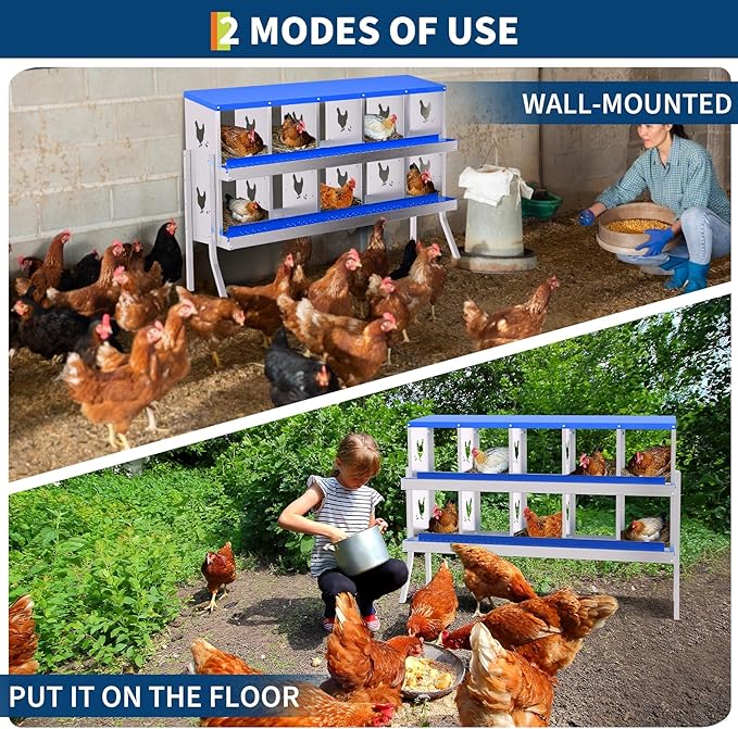 10 Compartment Metal Chicken Nesting Box, Automatic Roll-Out Egg Collection, Waterproof Galvanized Steel Laying Box with Perch & Wall Mount, for Hens Ducks Rabbits, Blue