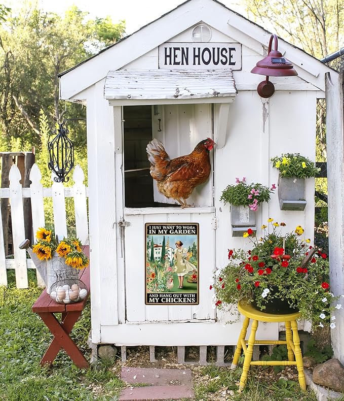 Rustic Garden Chicken Coop Sign, I Just Want to Work in My Garden and Hang Out with My Chickens, 8 x 12 Inches