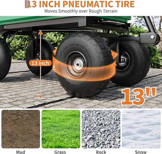 Heavy Duty Garden Dump Cart 1200 lbs, 6 Cu.Ft. Yard Wagon with 13" All-Terrain Wheels, Quick-Release Tipping, Pivoting Handle for Gardening, Lawns, Farms – Green Bucket + Black Iron Handle |