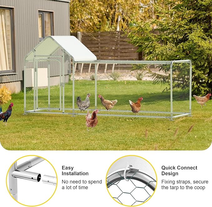 Metal Chicken Coop, Walk-in Chicken Run with Waterproof & Anti-UV Cover Poultry Cage Spire Roof with Lockable Door Chicken Hen House for Duck Rabbit Outdoor Farm