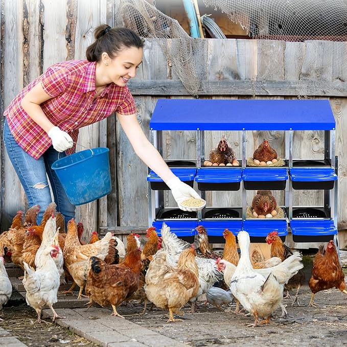 Chicken Nesting Box 8-Hole Roll Away Egg Laying Box with Lid & Stand, Galvanized Steel Rustproof Poultry Coop Box, Easy Clean, Wall Mountable No Bracket Needed for Hens, Blue