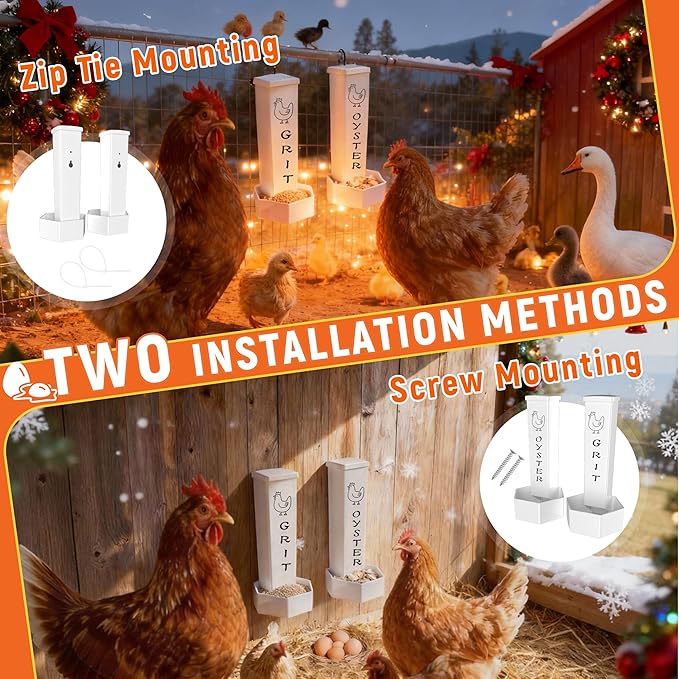 Chicken Grit and Oyster Shell Feeder, 2 Pack Hanging Wall Mount Chicken Feeder Combo, Waterproof ABS Automatic Gravity Poultry Feeder with Lid Rounded Edges, Coop Accessories for Healthier Hens & Eggs