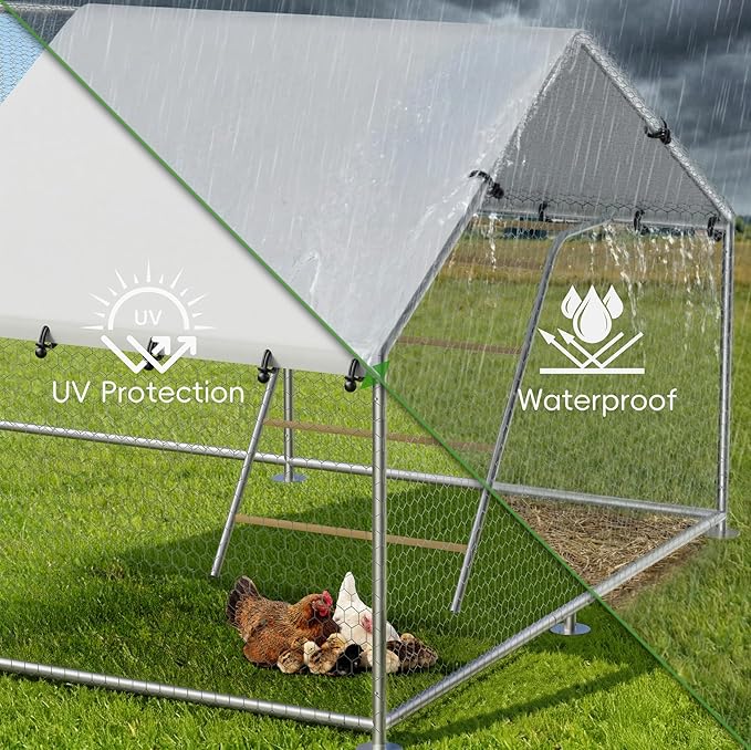 Large Metal Chicken Coop with Roosting Perch, Waterproof and UV-Resistant Cover,Outdoor Walk-in Cage Hen House for Yard Farm Rabbit Duck Chicken Run Spire Roof (10’ W x 13.2’ L x 6.4’ H)