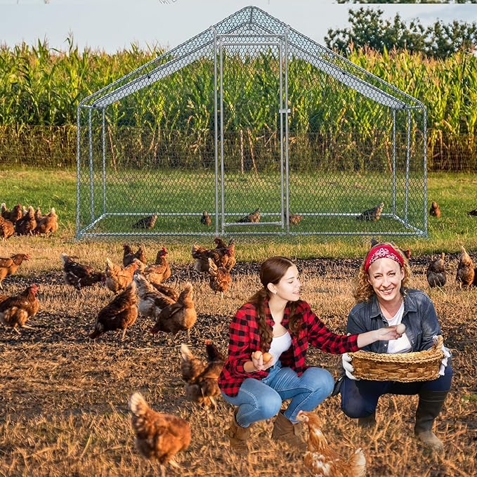 VINGLI Large Metal Chicken Coop for Chickens, Walk-in Chicken Run with Waterproof Anti-UV Cover, Heavy-Duty Chicken Pen with Security Lock for Outdoor Backyard Farm Use (9.8'Lx9.8'Wx6.5'H)