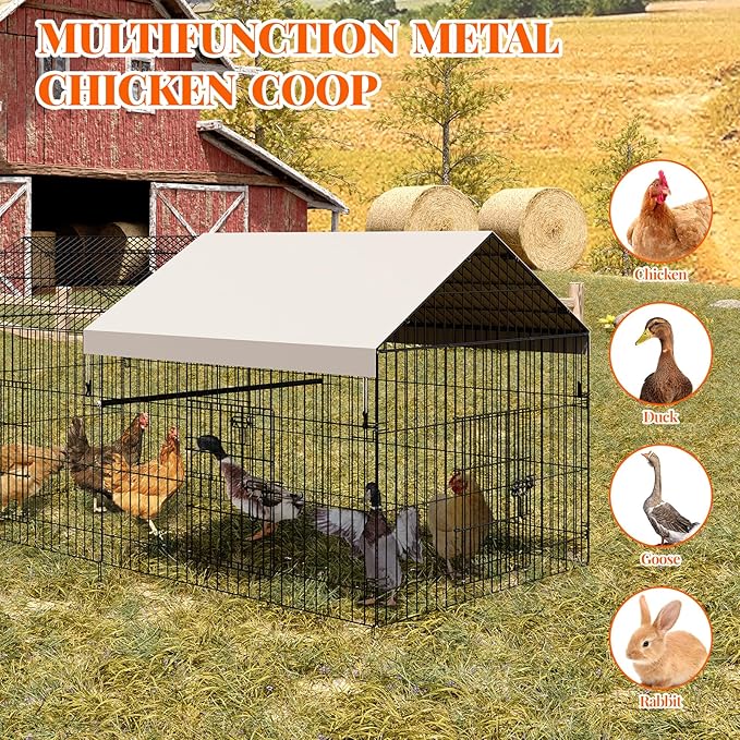 Garvee Metal Chicken Coop with Waterproof & Anti-UV Cover, Portable Chicken Run for Yard, Poultry Cage Hen House for Backyard Farm Use, 86 in L x 40 in W x 40 in H