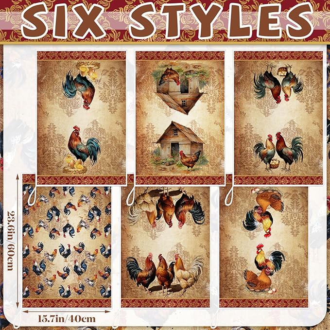 Bencailor 6 Pcs Farmhouse Kitchen Towels Chicken Rooster Kitchen Decor Farm Animal Hand Towels for Cooking Baking Housewarming Gift,15.75 x 23.62 inch(Golden Brown,Rooster)