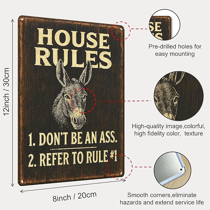 Funny Bar Signs for Home Bar Decor, Vintage Man Cave Wall Decor, Metal House Rules "Don't Be An Ass" Sign, Cool Things for Your Bar, Game Room, Garage, Kitchen, Bar Gifts for Men - 8x12 Inch