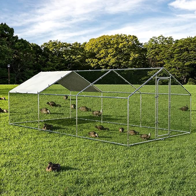 ORANLAND Large Metal Chicken Coop, Spire Chicken Runs for Yard with Cover, Walk in Chicken Coop with Security Lock and Waterproof Cover for Outdoor Farm Use