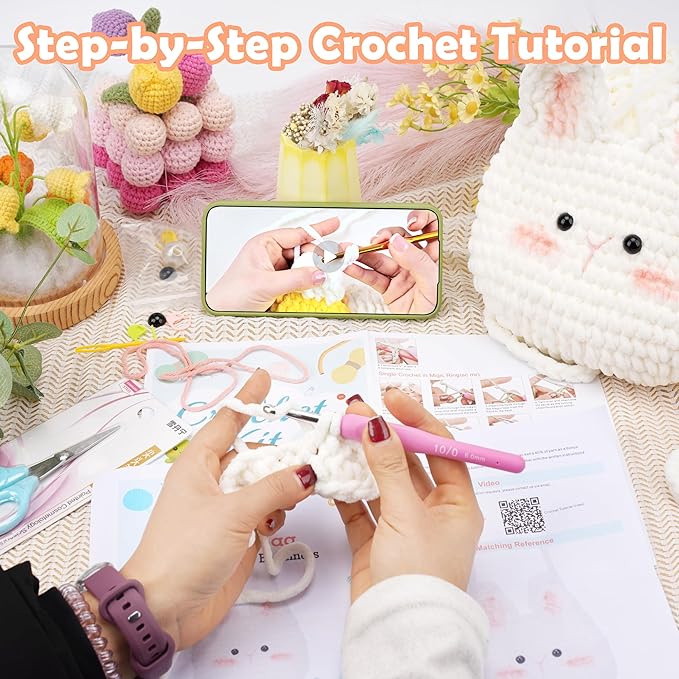 Alvian Crochet Kit for Beginners Crossbody Wallet Belt Bag Crochet Starter Kits Craft Knitting Crocheting Kits with Yarn, Hook, & Tutorial Gift for for Birthday (White-Bunny Bag)