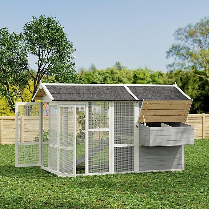 GAOMON Large Outdoor Chicken Coop for 4-6 Chickens Wooden Hen House Poultry Pet Hutch Run Cage w/Waterproof Asphalt Roof, Ramp, Nesting Box, Wire Fence, Grey (80" x 35" x 54") (Grey)