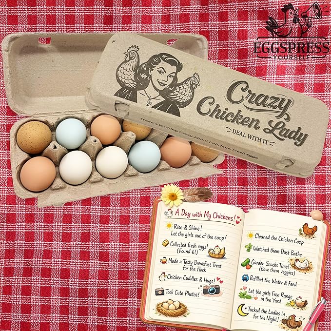 Funny Retro Egg Carton – “Crazy About Chickens” Vintage Humor Design, Holds 12 Eggs, Eco-Friendly Molded Fiber Dozen Carton for Farm Stands & Backyard Chickens - 12 Pack