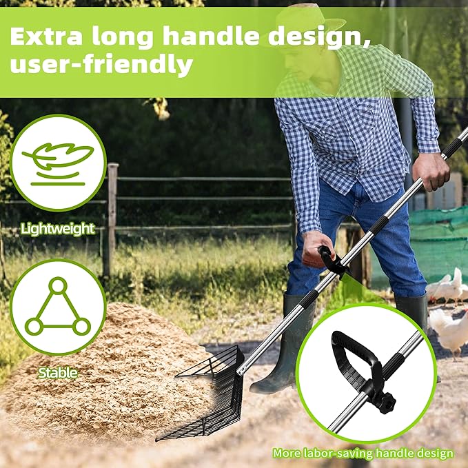 15Inch Upgrade and Widen Chicken Poop Scooper,5 in 1 Detachable Metal Litter Scoop(37.8 to 77.6 Inches Long) with Stainless Steel Handle,Heavy Duty Litter Scooper for Chicken Coop