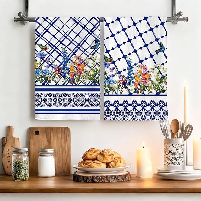 Blue and White Kitchen Towels Set of 4, Blue Wildflower Decorative Tea & Hand Towels, Chinoiserie Dish Towel Dishclothes for Drying Cleaning, Spring Summer Kitchen Decor & Gifts for Cooking Lover