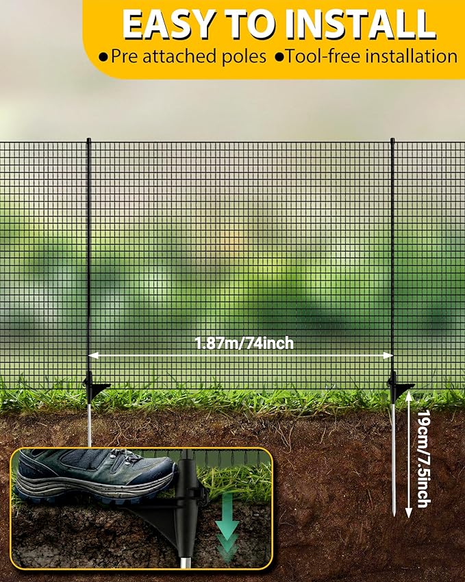 Temporary Fence with Posts, 4'x82' Plastic Fencing Garden Fence Animals Barrier with Fiberglass Stake Windbreak Rope, Portable Snow Fences, Fencing for Dogs Outdoors Backyard (Black)