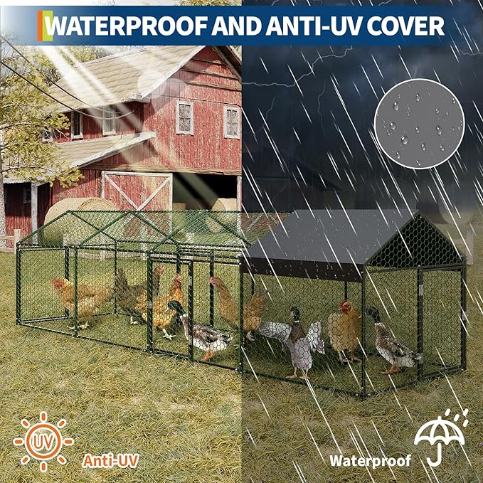 160"x40"x40" Large Walk-in Metal Chicken Coop with Waterproof Anti-UV Cover, Outdoor Chicken Run for Chickens, Ducks, Rabbits & Geese, Heavy-Duty Outdoor Enclosure, Black