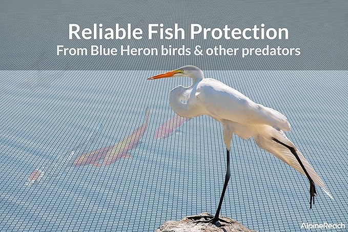 AlpineReach Koi Pond Netting Kit 28 x 30 ft Black Heavy Duty Woven Fine Mesh Net Cover for Leaves - Protects Koi Fish from Blue Heron Birds, Cats & Predators – Reusable & Stakes Included