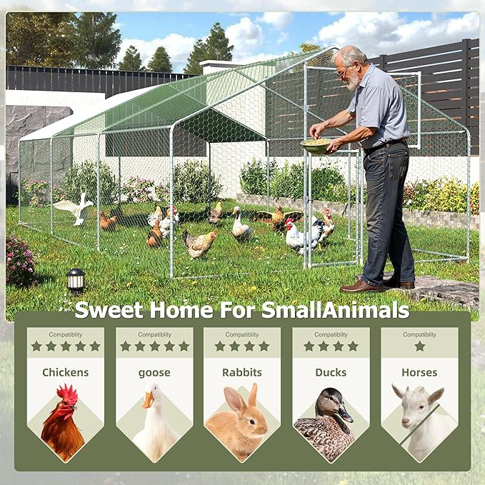 Large Metal Chicken Coop,19.7x9.8x6.4 FT Chicken Run for Yard with Waterproof & Anti-UV Cover,Walk in Chicken Pen with Feeding Door (19.7 * 9.8 * 6.4 ft)