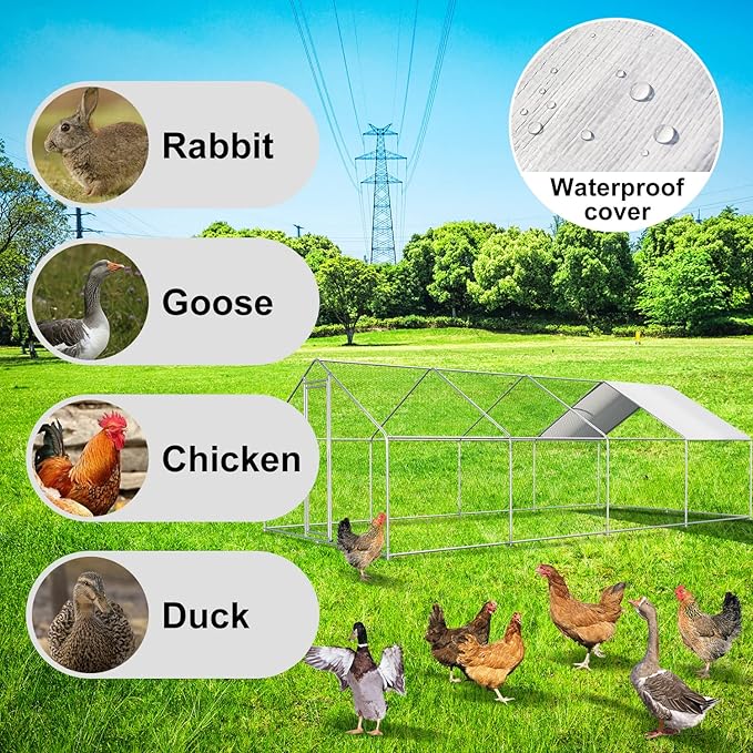 Large Metal Chicken Coop Walk-in Poultry Cage Chicken Runs for Yard with Coverd Chicken Pen for 40 Chickens Duck Rabbit House Outdoor
